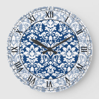 dark blue and white elegant damask roman numerals large clock
