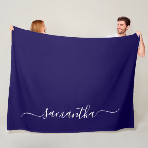 Dark Blue and White Elegant Swash Signature Name Fleece Blanket