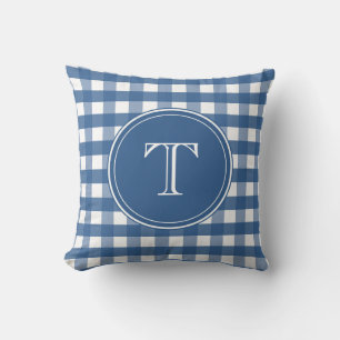 Dark Blue and White Gingham Monogram Throw Pillow