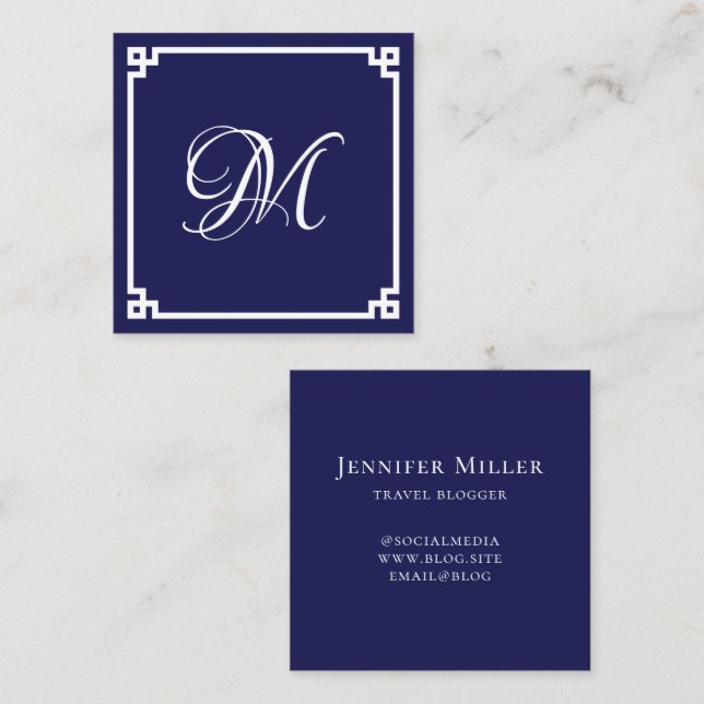 Dark Blue and White Greek Key Calligraphy Monogram Square Business Card (Front/Back)