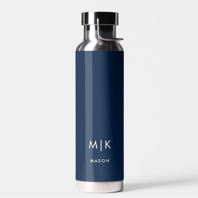 Dark Blue and White | Modern Monogram Water Bottle (Left)