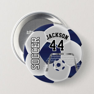 Dark Blue and White Personalize Soccer Ball 3 Inch Round Button