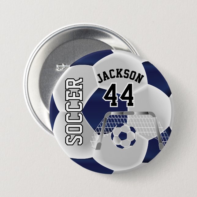 Dark Blue and White Personalize Soccer Ball 3 Inch Round Button (Front & Back)