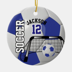 Dark Blue and White Personalize Soccer Ball Ceramic Ornament