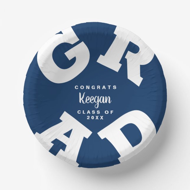 Dark Blue and White Personalized Graduation Paper Plate (Front)