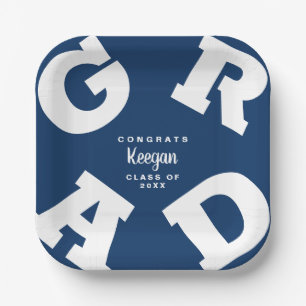 Dark Blue and White Personalized Graduation Paper Plate