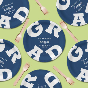 Dark Blue and White Personalized Graduation Paper Plate