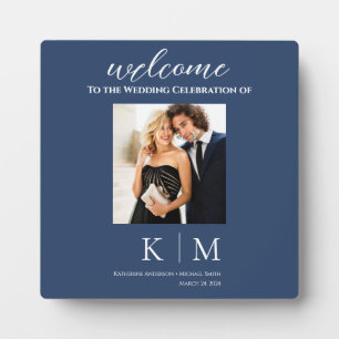 Dark Blue and White-Photo Wedding-Table Sign- Plaque