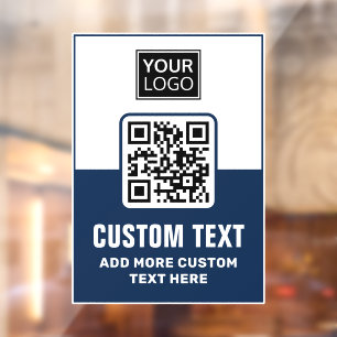 Dark blue and white QR code, logo and custom text Window Cling