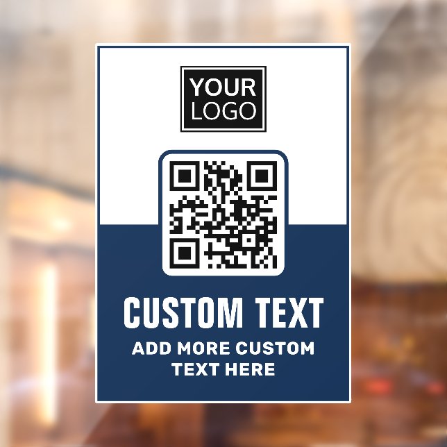 Dark blue and white QR code, logo and custom text Window Cling (Sheet 2)
