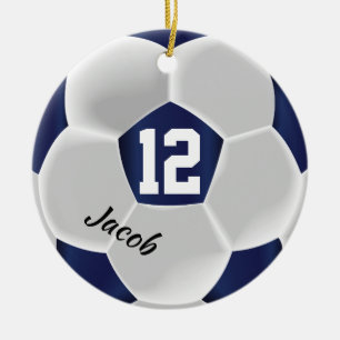 Dark Blue and White Soccer Ball Ceramic Ornament