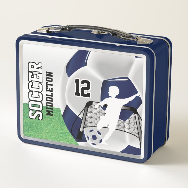 Dark Blue and White Soccer Ball Metal Lunch Box (Back)