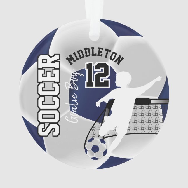 Dark Blue and White Soccer Goalie Boy Ornament (Back)