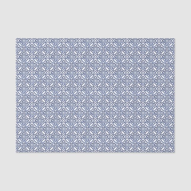 Dark Blue And White Spanish Azulejo Tile Pattern Tissue Paper (Front)