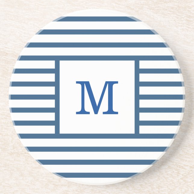 Dark Blue and White Stripes Custom Monogram Coaster (Front)