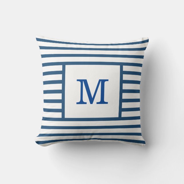 Dark Blue and White Stripes Custom Monogram Cotton Throw Pillow (Front)