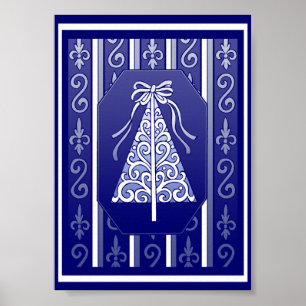 Dark Blue And White Swirls Stripes Christmas Tree Poster