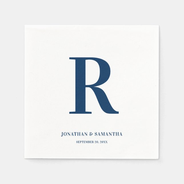 Dark Blue and White Wedding Monogram Modern Napkin (Front)