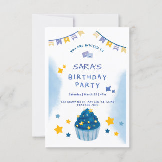 Dark Blue and Yellow Confetti Birthday Invitation