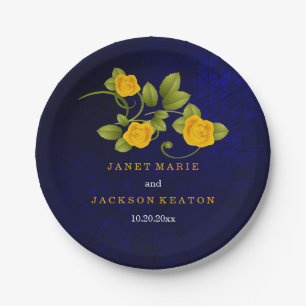 Dark Blue and Yellow Rose Wedding Paper Plate
