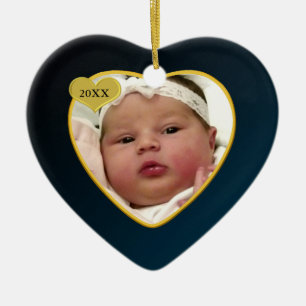 Dark Blue Baby's First Christmas Photo Heart Ceramic Ornament