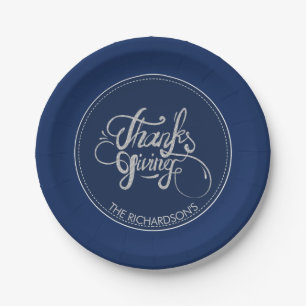 Dark Blue Background Silver Glitter-Thanksgiving Paper Plate
