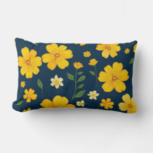 Dark Blue Background Yellow Flowers Lumbar Pillow