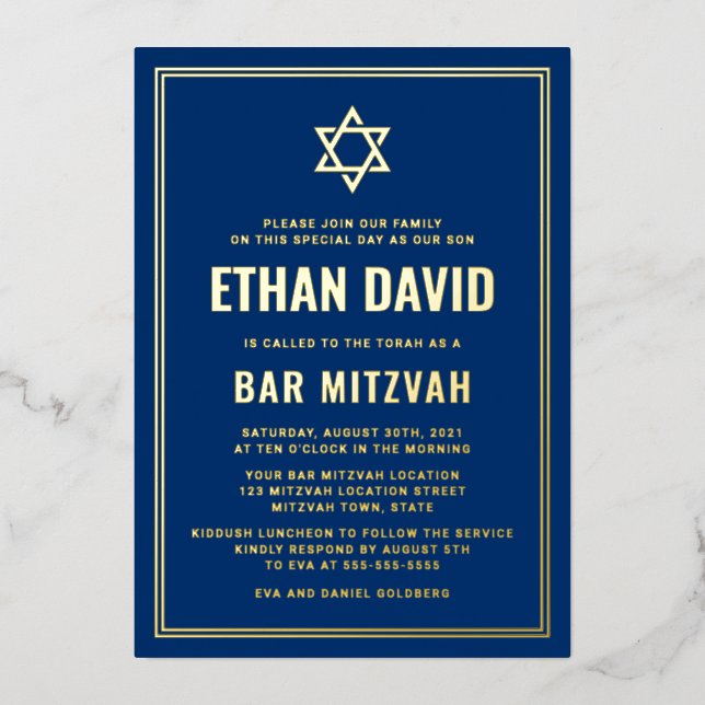 Dark blue bar mitzvah Star of David gold or silver (Front)