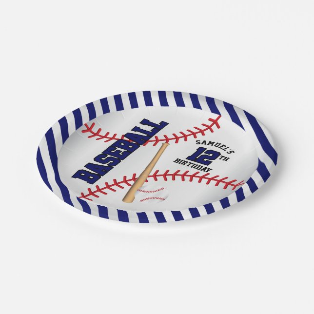 Dark Blue Baseball Birthday Design | Personalize Paper Plate (Angled)