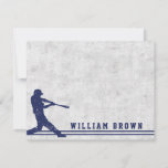 Dark blue baseball silhouette personalized name card<br><div class="desc">Personalized notecard featuring a dark blue silhouette of a baseball player swinging a baseball bat on a worn ball background. At the bottom is a border with two blue stripes and customizable name or other text in a dark blue college jersey sports font.</div>