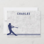 Dark blue baseball silhouette personalized name card<br><div class="desc">Personalized notecard featuring a dark blue silhouette of a baseball player swinging a baseball bat on a worn ball background. At the bottom is a border with two blue stripes. Customizable name or other text in a dark blue college jersey sports font.</div>