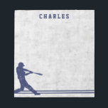 Dark blue baseball silhouette personalized name notepad<br><div class="desc">Personalized notepad featuring a dark blue silhouette of a baseball player swinging a baseball bat on a worn ball background. At the bottom is a border with two blue stripes. Customizable name or other text in a dark blue college jersey sports font.</div>