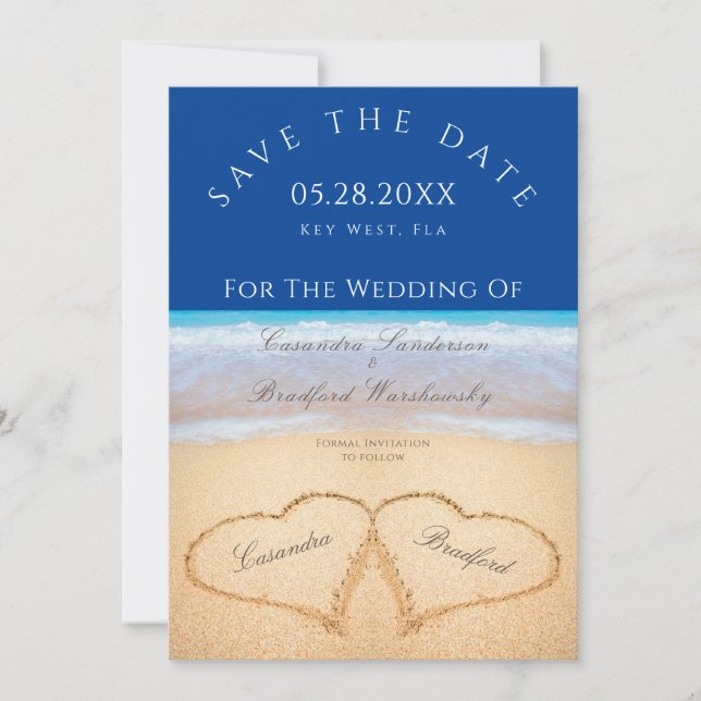 Dark Blue Beach  2 Hearts in the Sand wedding   Invitation (Front)