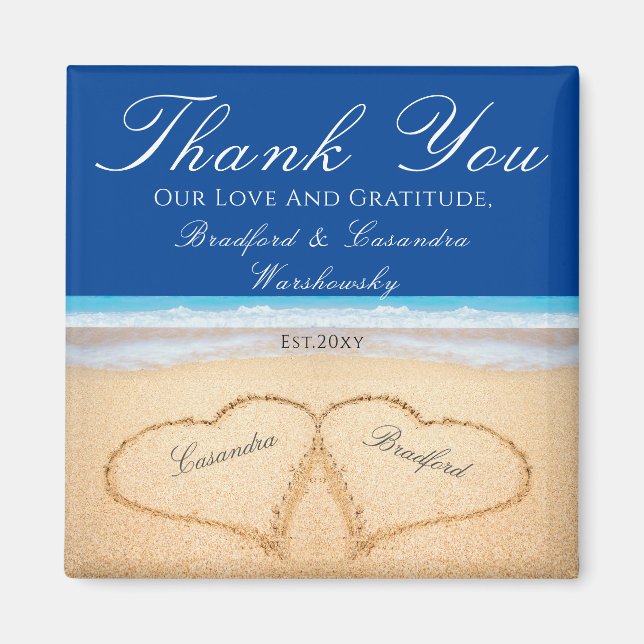 Dark Blue Beach Wedding 2 Hearts in the Sand Magnet (Front)