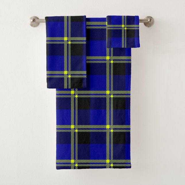 Dark Blue, Black and Yellow Plaid Bath Towel Set (Insitu)