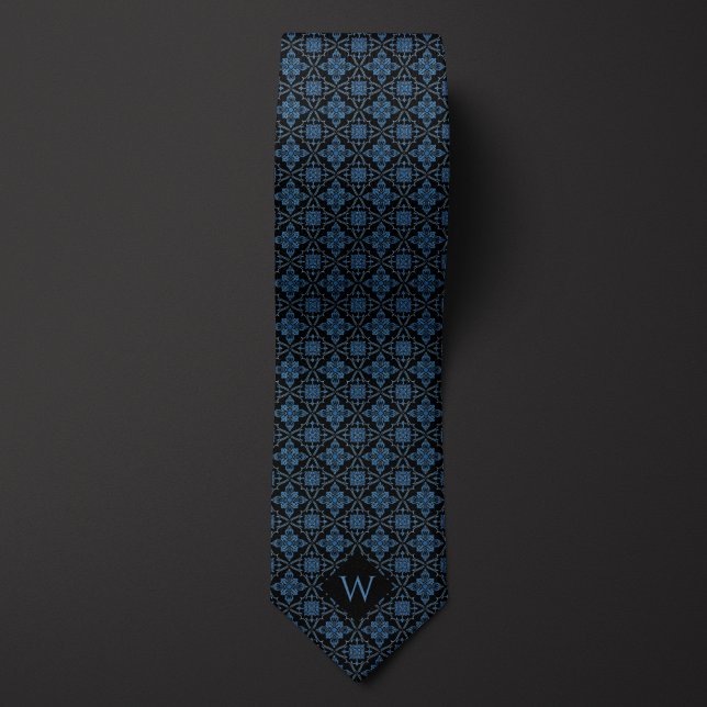 Dark Blue & Black Arabesque Monogram Tie (Creator Uploaded)