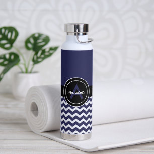 Dark Blue Black Chevron Water Bottle