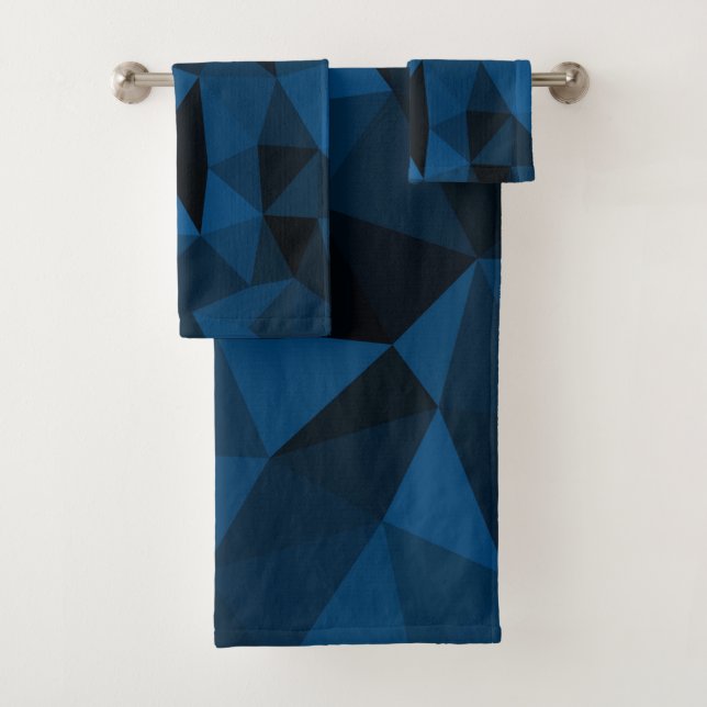 Dark blue black geometric mesh pattern bath towel set (Insitu)