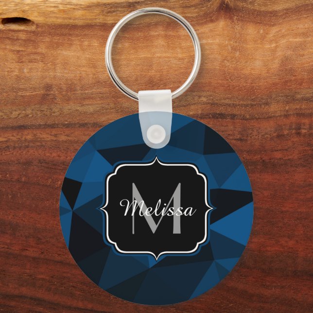 Dark blue black geometric mesh pattern Monogram Keychain (Back)