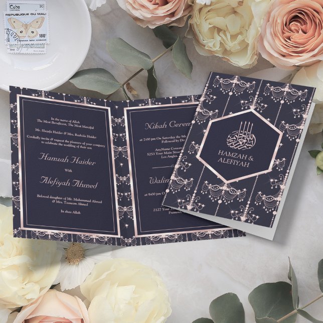  Dark Blue Blush Pink Chandeliers Muslim Wedding Invitation (Creator Uploaded)
