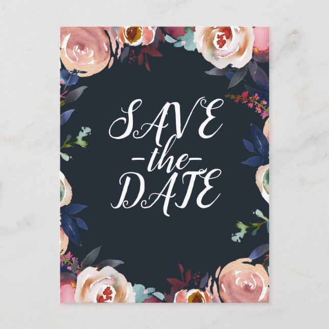 Dark Blue & Blush Pink Pastel Floral Save the Date Announcement Postcard (Front)