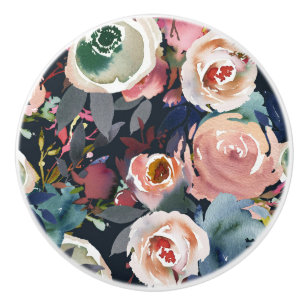 Dark Blue & Blush Pink Watercolor Floral Chic Ceramic Knob