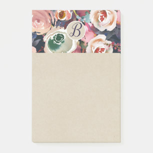Dark Blue & Blush Pink Watercolor Floral Chic Post-it Notes