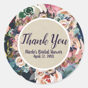 Dark Blue & Blush Pink Watercolor Floral Wedding  Classic Round Sticker