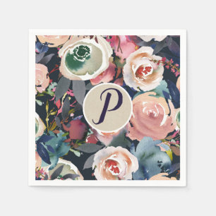 Dark Blue & Blush Pink Watercolor Floral Wedding Napkin