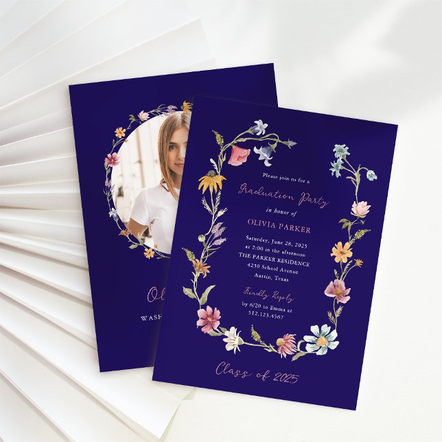 Dark Blue Boho Wildflower Wreath Graduation Party Invitation (Creator Uploaded)