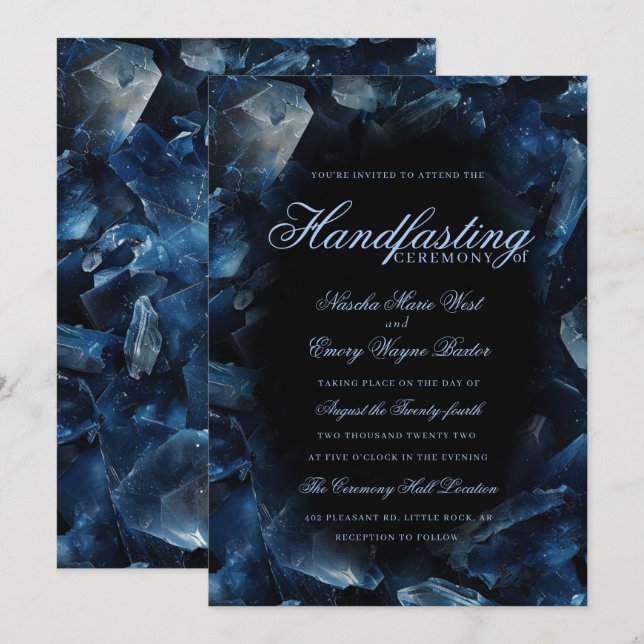 Dark Blue Boho Witch Crystals Black Handfasting Invitation (Front/Back)