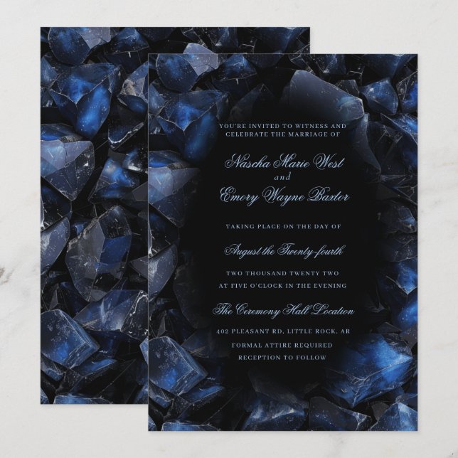 Dark Blue Boho Witch Crystals Black Wedding Invitation (Front/Back)