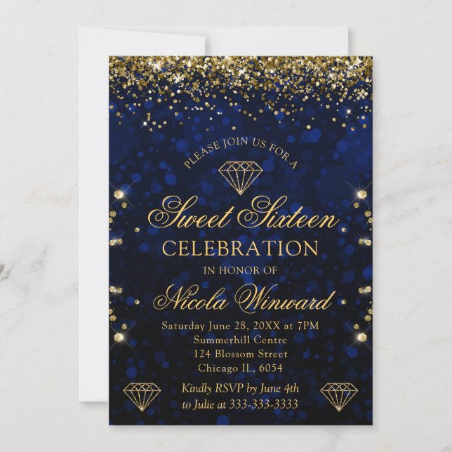 Dark Blue Bokeh & Gold Glitter Sweet 16 Invitation (Front)
