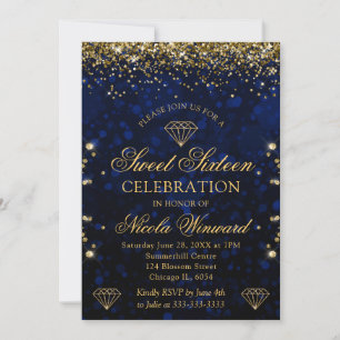 Dark Blue Bokeh & Gold Glitter Sweet 16 Invitation